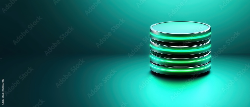 Abstract representation of digital storage with glowing green disks on a teal background, symbolizing data management. Abstract representation of digital storage with glowing green disks on a teal background, symbolizing data management.