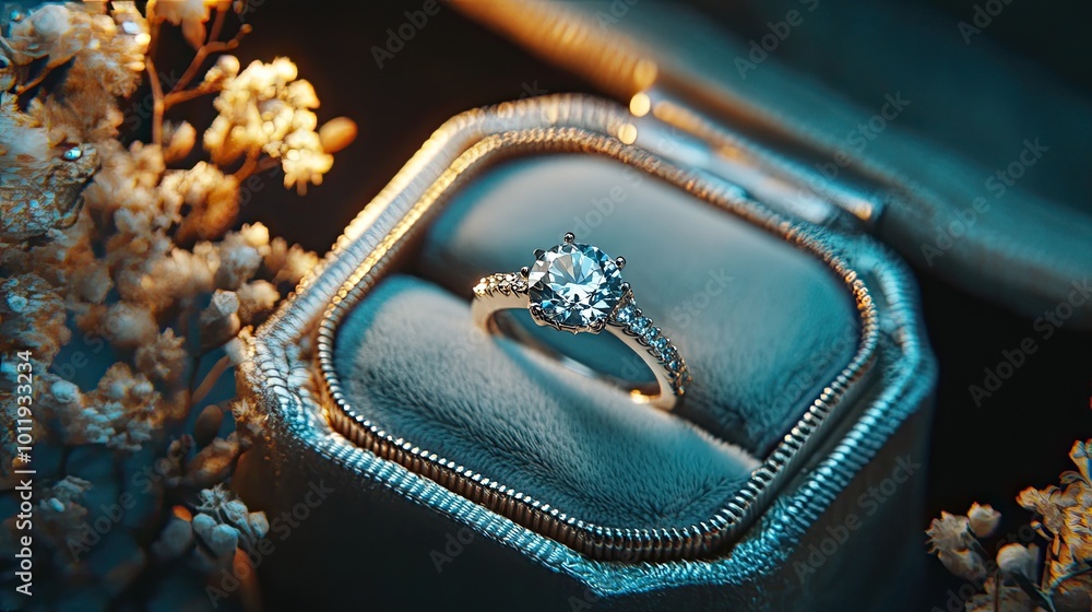 A stunning diamond wedding ring presented in an ornate jewelry box with soft, ambient lighting and a touch of floral decoration, creating an exquisite, luxurious mood for advertisements. A stunning diamond wedding ring presented in an ornate jewelry box with soft, ambient lighting and a touch of floral decoration, creating an exquisite, luxurious mood for advertisements.