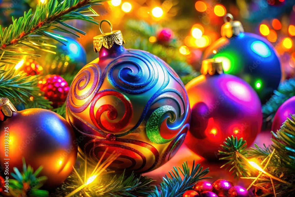 Fototapeta premium Festive abstract artwork featuring lively swirls and shapes that embody the joyful essence of the holiday season, radiating warmth and cheer through vibrant colors.