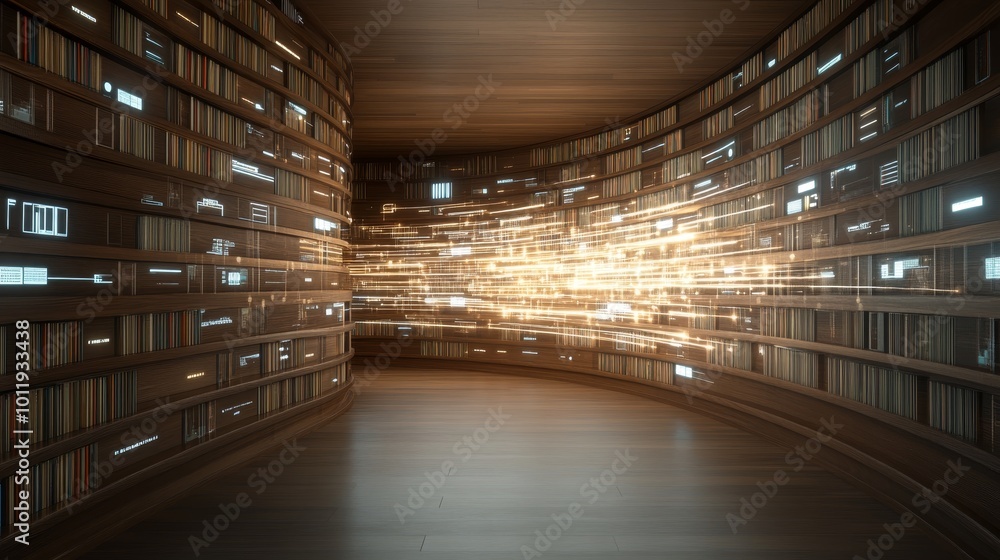 custom made wallpaper toronto digitalA library in a modern digital world [books turning into streams of light and data elegant and futuristic]