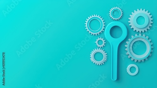 Blue gears and a magnifying glass on a teal background, representing innovation and problem-solving concepts.