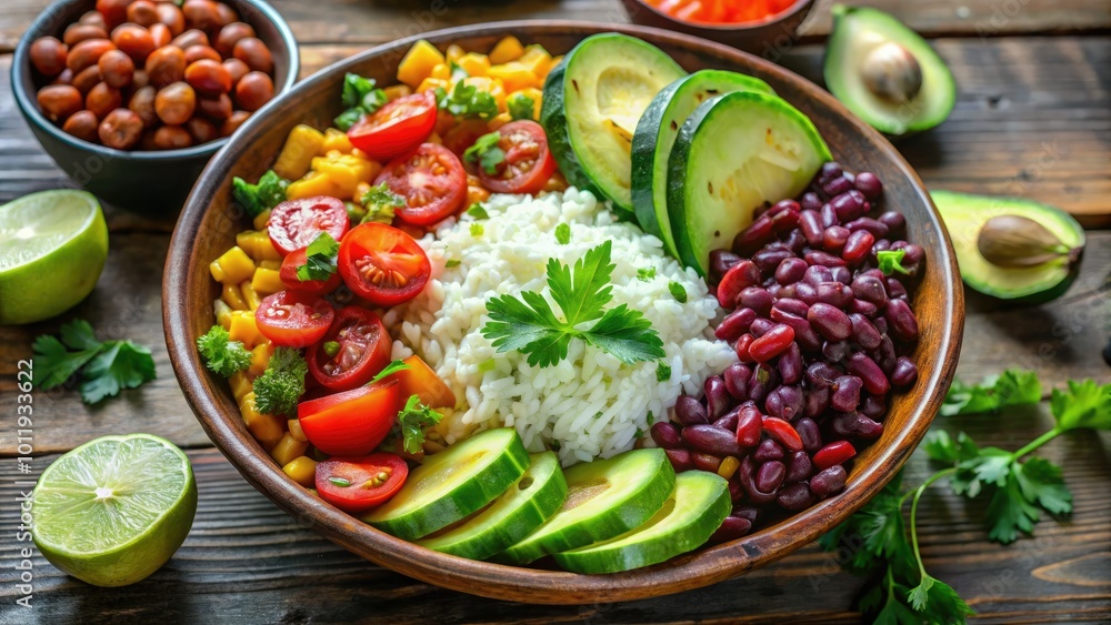 Fresh and Colorful Chipotle-Style Bowl with Rice, Beans, Vegetables, and Avocado on a Rustic Table Fresh and Colorful Chipotle-Style Bowl with Rice, Beans, Vegetables, and Avocado on a Rustic Table