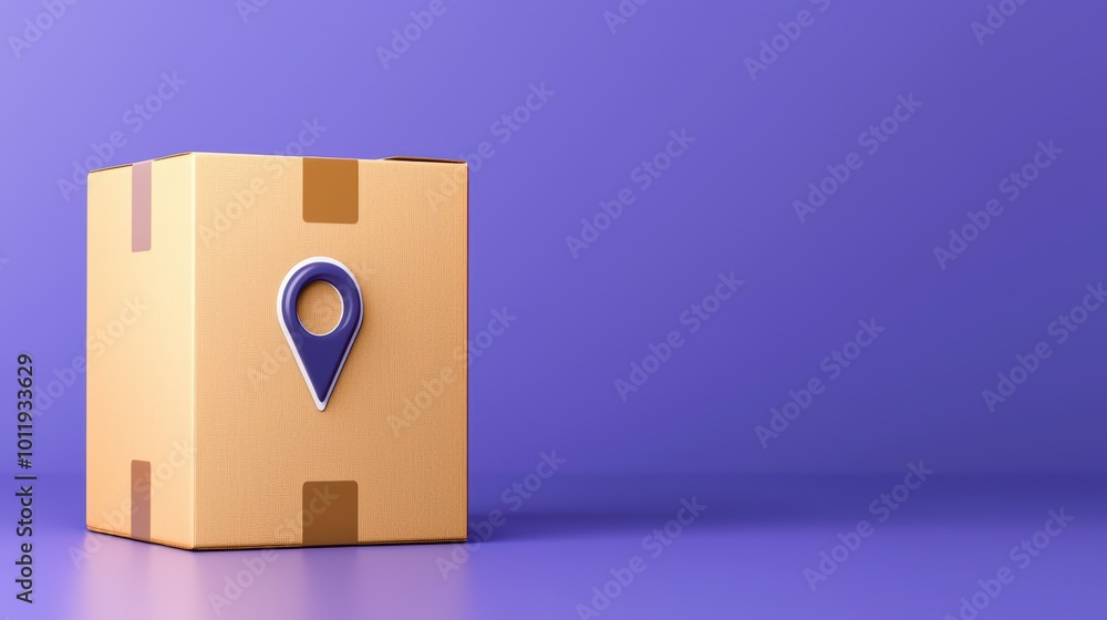 Cardboard box with location pin symbol on purple background, representing shipping and delivery services.