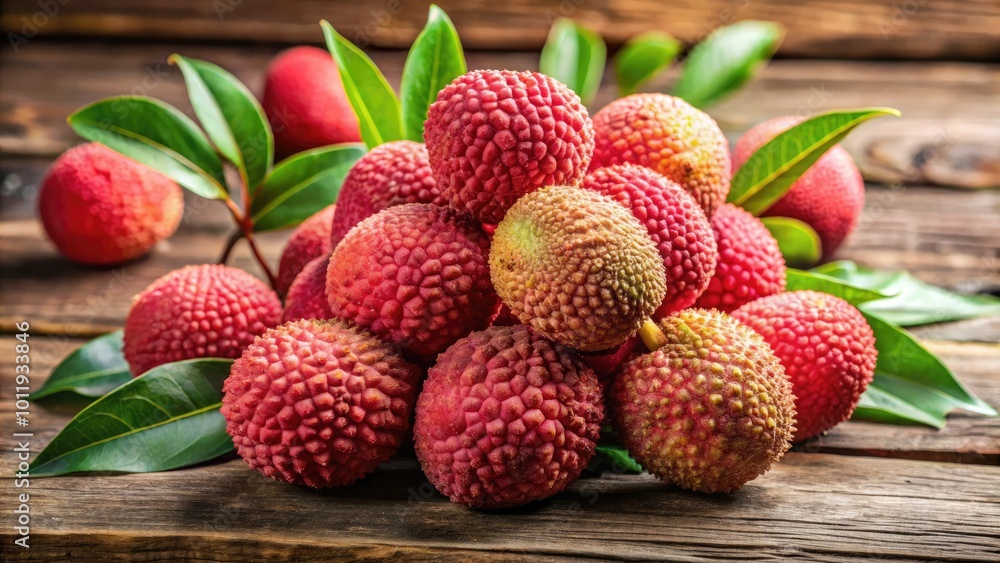 Fresh lychee fruits displayed on a rustic wooden table, their vibrant colors and distinctive textures illuminated by warm natural light, creating an inviting and appetizing scene. Fresh lychee fruits displayed on a rustic wooden table, their vibrant colors and distinctive textures illuminated by warm natural light, creating an inviting and appetizing scene.