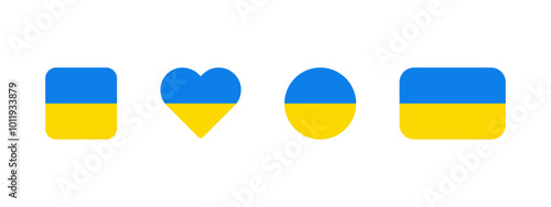 Flag of Ukraine icon. Ukrainian flag vector sign in four different shapes. Heart shaped flag of Ukraine. Square, hearth, circle and rectangle shaped Kyiv label. Freedom or independence symbol