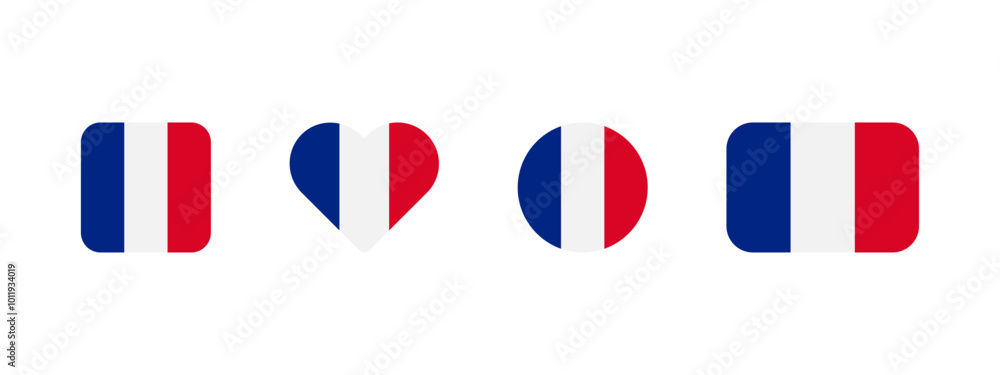 French flag icon. Flag of France vector sign. French national banner. Emblem of France. Multicolor banner of Paris in four different shapes: square, heart, circle and rectangle. French flag icon. Flag of France vector sign. French national banner. Emblem of France. Multicolor banner of Paris in four different shapes: square, heart, circle and rectangle.