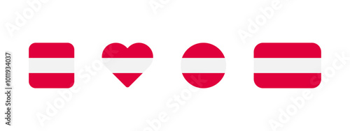 Austrian flag icon. Flag of Austria vector sign. Austrian national banner. Emblem of Austria. Multicolor banner in four different shapes: square, heart, circle and rectangle. Vienna symbol.