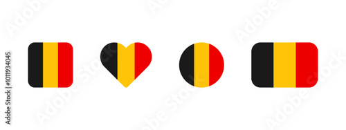 Belgian flag icon. Flag of Belgium vector sign. Belgian national banner. Emblem of Belgium. Multicolor Brussel banner in four different shapes: square, heart, circle and rectangle.
