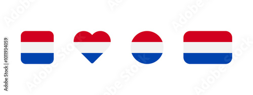 Holland flag icon. Flag of Netherlands vector sign. Holland national banner. Emblem of Netherlands. Dutch banner in four different shapes: square, heart, circle and rectangle. Amsterdam symbol.