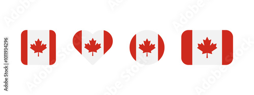 Canadian flag icon. Flag of Canada vector sign. Canadian national banner. Emblem of Canada. Ottawa or Toronto banner in four different shapes: square, heart, circle and rectangle. Maple leaf symbol.