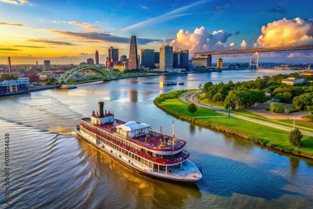 Fototapeta premium Historic Steamboat on the Mississippi River in New Orleans with Scenic Views of the City Skyline