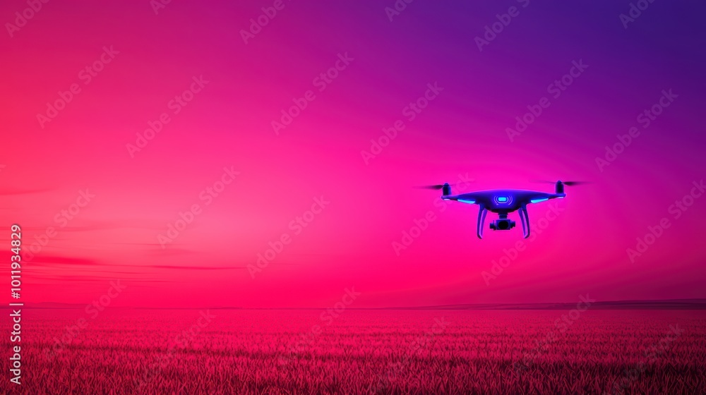 Drone flying over a vibrant landscape at sunset, showcasing modern technology in nature. Drone flying over a vibrant landscape at sunset, showcasing modern technology in nature.