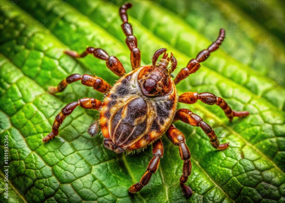Close-up of a deer tick nymph on green leaf, showcasing details of its body and natural habitat Close-up of a deer tick nymph on green leaf, showcasing details of its body and natural habitat