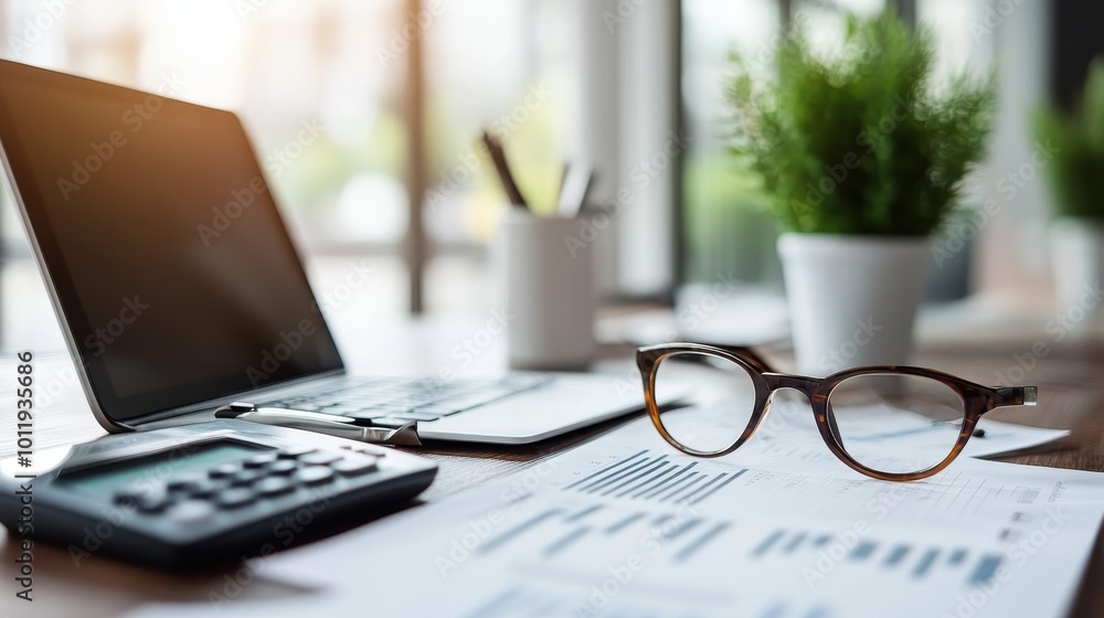 A desk scene with a laptop, calculator, glasses, and documents, suggesting a professional office environment focused on finance and productivity tasks. A desk scene with a laptop, calculator, glasses, and documents, suggesting a professional office environment focused on finance and productivity tasks.