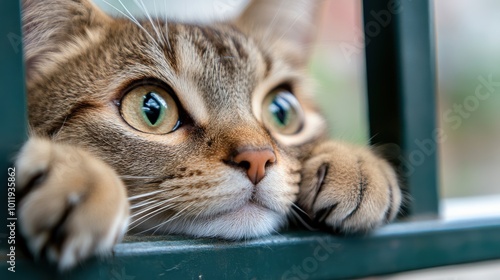 A wide-eyed cat gazes with undeniable wonder and anticipation through a gap, its lively expression and large eyes reflecting curiosity about the unseen.