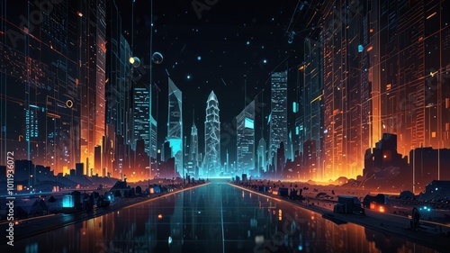 A futuristic city skyline with glowing skyscrapers and a reflective water path.