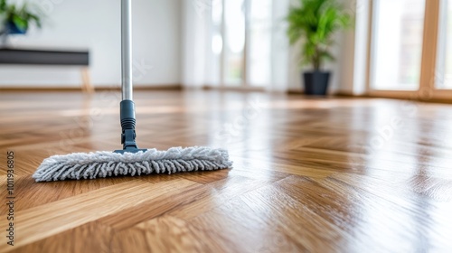 A mop is seen cleaning a polished wooden floor in a brightly lit room, emphasizing cleanliness, order, and the importance of regular maintenance in modern spaces.