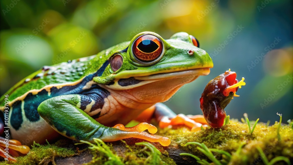 Close-up of a frog swallowing its prey in nature, showcasing the fascinating feeding behavior of amphibians Close-up of a frog swallowing its prey in nature, showcasing the fascinating feeding behavior of amphibians