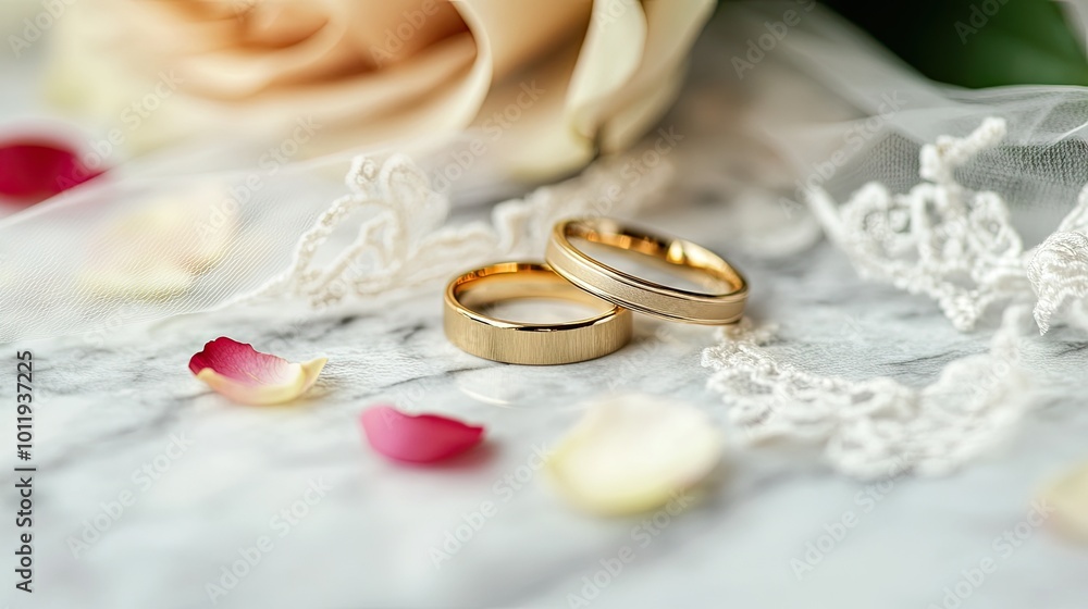 Two gold wedding bands on a marble surface, surrounded by scattered rose petals and a lace veil, evoking a timeless and classic wedding feel. Two gold wedding bands on a marble surface, surrounded by scattered rose petals and a lace veil, evoking a timeless and classic wedding feel.