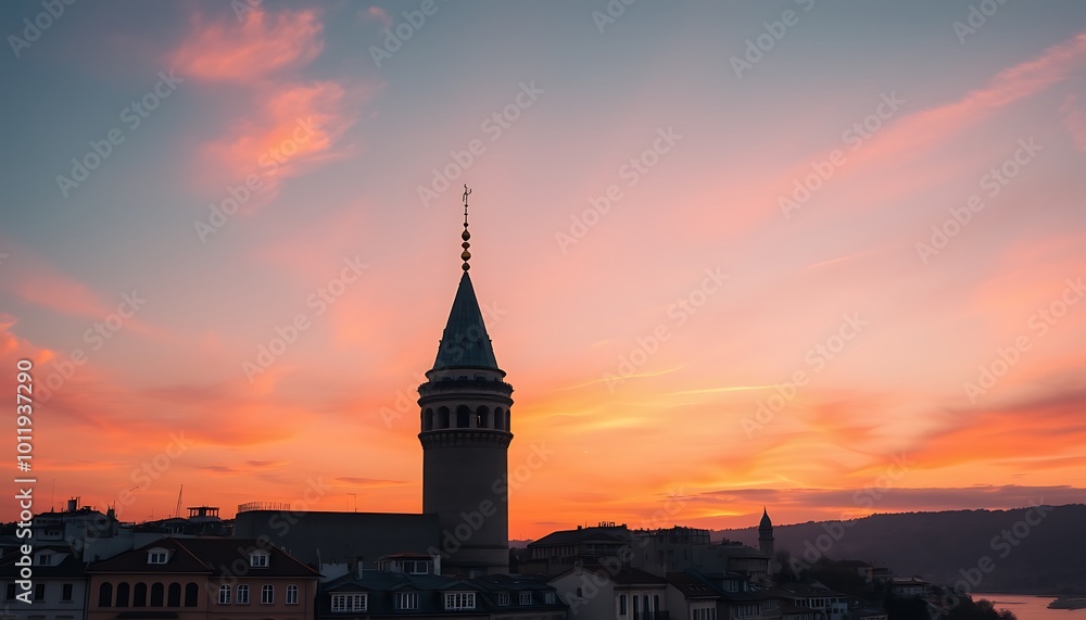The Galata Tower stands majestically against a backdrop of warm sunset hues. The Galata Tower stands majestically against a backdrop of warm sunset hues.