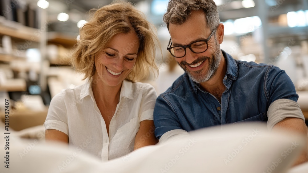 A pair of smiling individuals reviewing textiles in a workshop setting, indicating a shared passion and enthusiasm for fashion design or textile production projects. A pair of smiling individuals reviewing textiles in a workshop setting, indicating a shared passion and enthusiasm for fashion design or textile production projects.