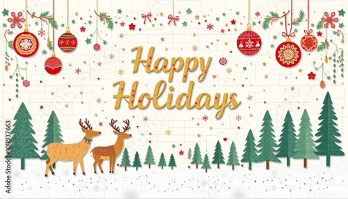 New Year card with deer and fir trees wishing happy holidays, ai generated, ai