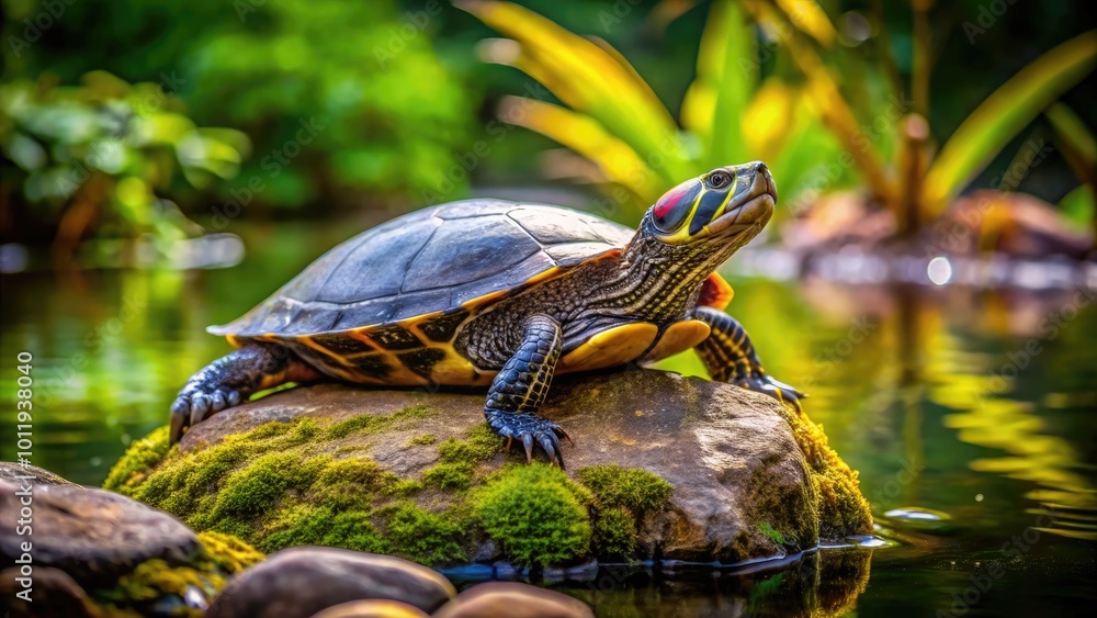 Fototapeta premium Close-up of a Hog-nosed Turtle Resting on a Rock Under Natural Light in a Serene Environment