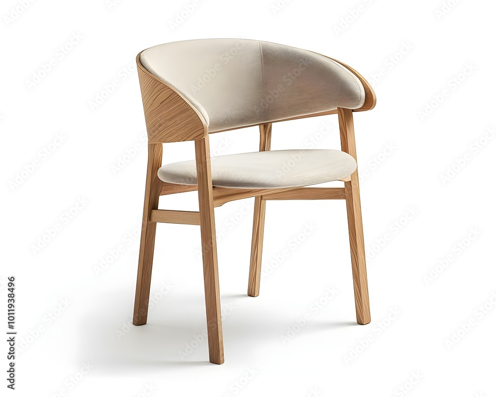 Sleek Scandinavian Style Dining Chair with Curved Wooden Back and Cushioned Seat on White Background Sleek Scandinavian Style Dining Chair with Curved Wooden Back and Cushioned Seat on White Background