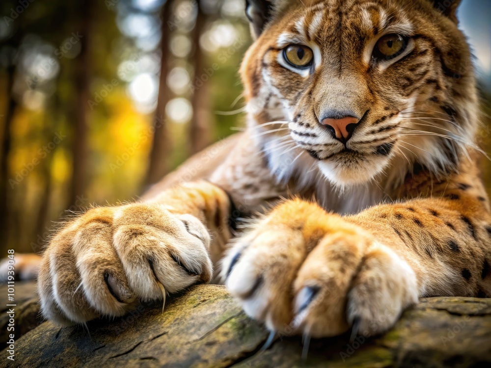 Fototapeta premium Close-up of a majestic lynx paw showcasing its sharp claws and unique fur in a natural setting