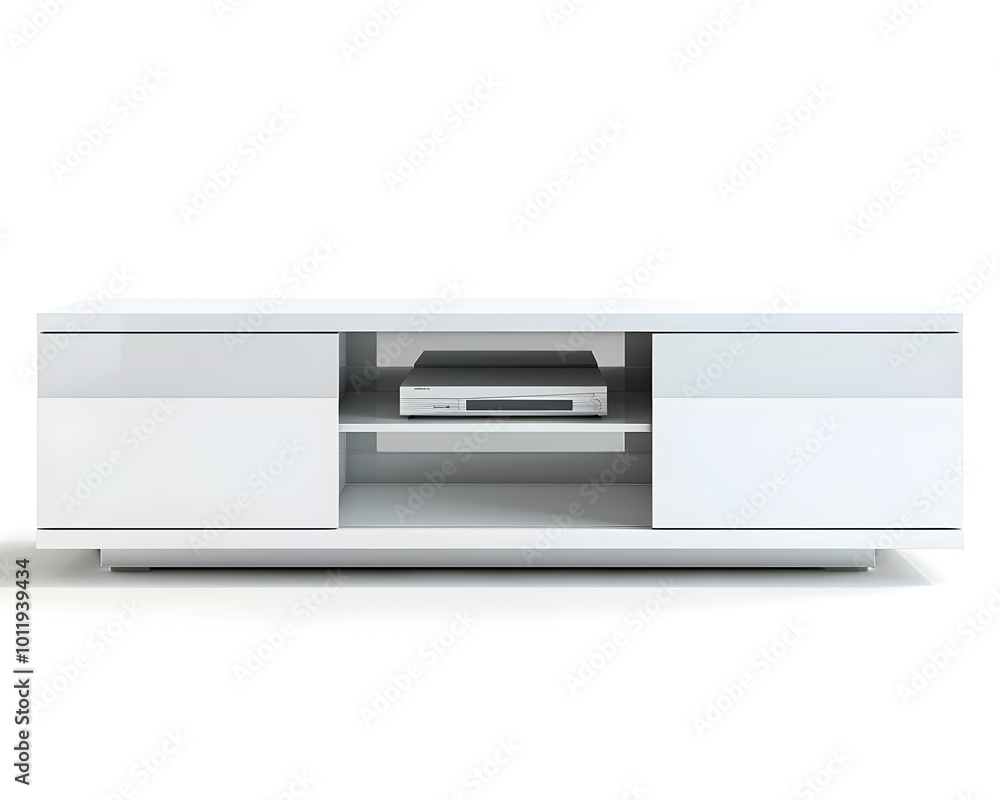 Sleek Contemporary TV Stand with Open Shelves and Cable Management in Glossy White Sleek Contemporary TV Stand with Open Shelves and Cable Management in Glossy White