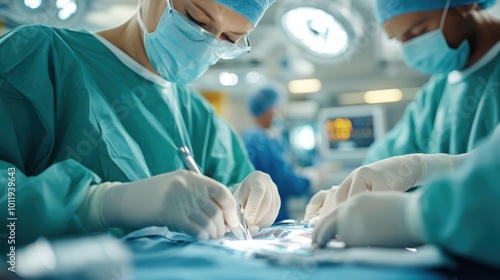 A team of surgeons working in a well-lit operating room, showcasing teamwork, precision, and commitment to excellence in a high-pressure medical environment. photo