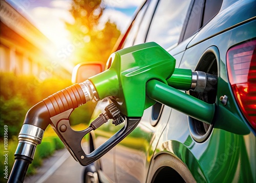 Close-up of a modern gas pump nozzle ready to refuel a vehicle at a service station in daylight