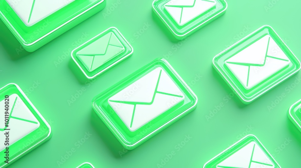 Stylish green email icons floating in a vibrant background, perfect for digital communication themes. Stylish green email icons floating in a vibrant background, perfect for digital communication themes.