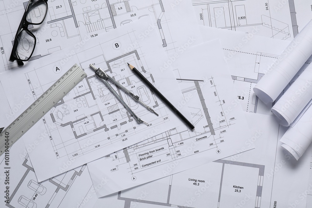 Different architectural drawings, ruler, divider, pencil and glasses on table, flat lay Different architectural drawings, ruler, divider, pencil and glasses on table, flat lay