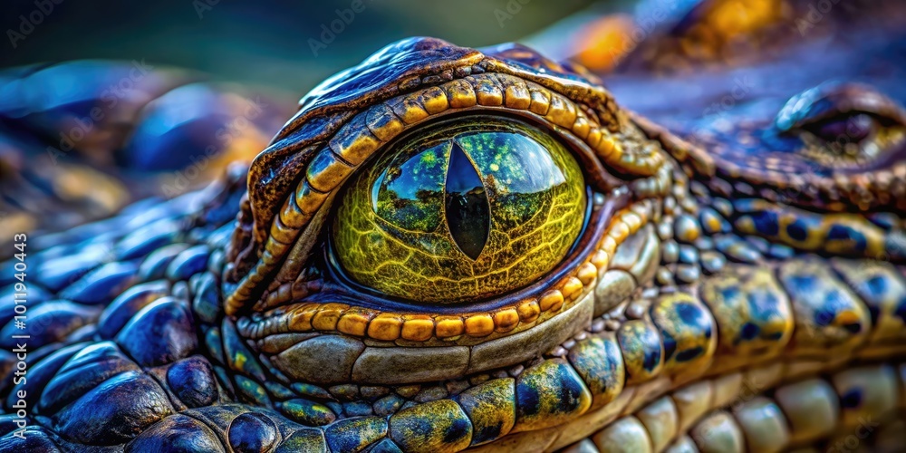 Obraz premium Close-Up of an Alligator Eye with Intricate Patterns Reflecting the Surrounding Environment