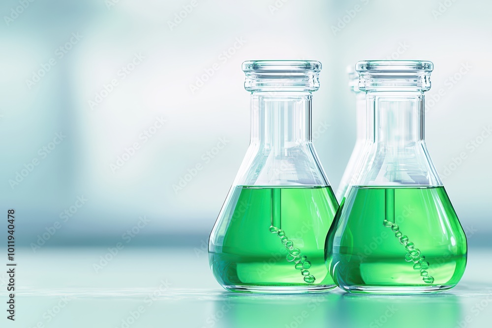 Two glass flasks filled with bright green liquid on a laboratory table, showcasing vibrant colors and clarity. Two glass flasks filled with bright green liquid on a laboratory table, showcasing vibrant colors and clarity.