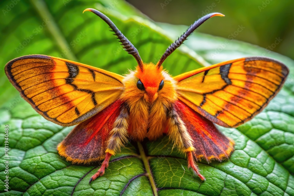 Close-up of an American Dagger Moth perched on a leaf showcasing its striking colors and patterns Close-up of an American Dagger Moth perched on a leaf showcasing its striking colors and patterns
