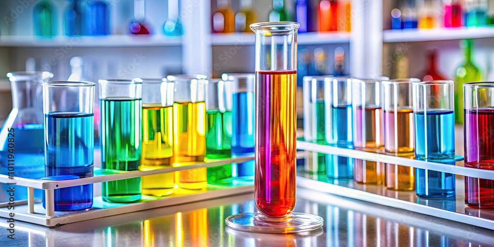 Close-up of an Eppendorf tube filled with colorful liquid on a laboratory bench with scientific tools Close-up of an Eppendorf tube filled with colorful liquid on a laboratory bench with scientific tools