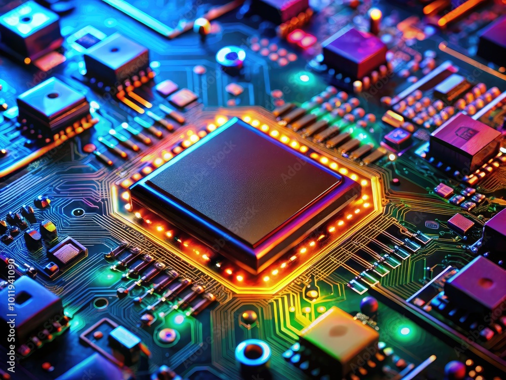 Close-up of an intricate electronic chip showcasing advanced technology and modern circuit design Close-up of an intricate electronic chip showcasing advanced technology and modern circuit design