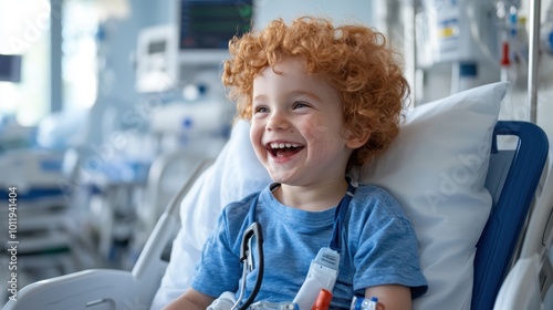 A young child with vibrant curly red hair laughs joyfully while seated in a hospital bed, surrounded by medical equipment, emanating happiness and resilience. photo