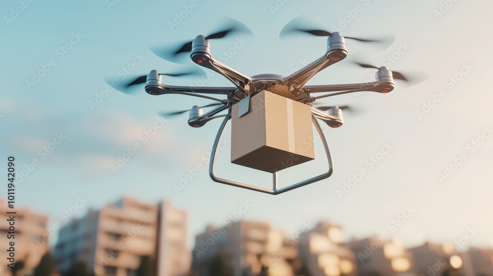 A drone delivering a parcel over a modern urban landscape during sunset. A drone delivering a parcel over a modern urban landscape during sunset.
