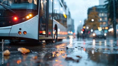 A white bus navigates a rain-soaked urban street at night, captured amidst reflections and wet leaves, showcasing transportation, vibrant city life, and dynamic movement. photo