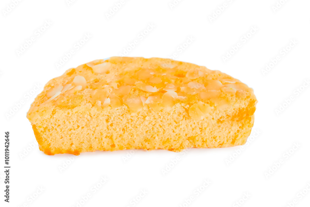 A soft and tender orange cake on white background. A soft and tender orange cake on white background.