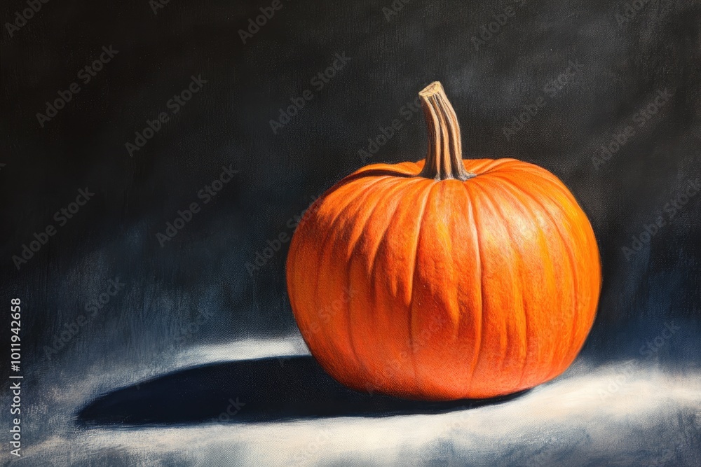 A Single Orange Pumpkin with a Long Stem Resting on a White Surface A Single Orange Pumpkin with a Long Stem Resting on a White Surface