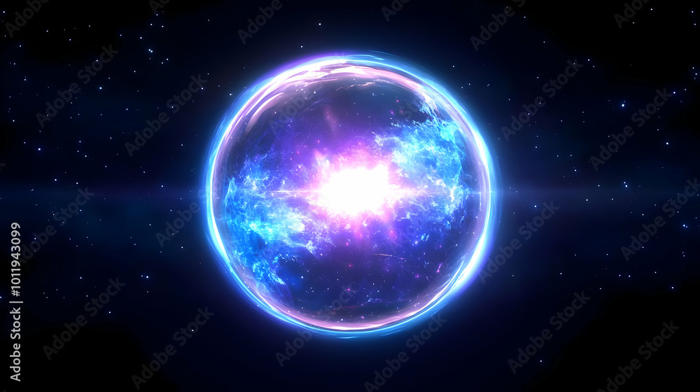 A Vibrant, Glowing Orb of Energy Explodes with Light and Color, Surrounded by a Scattered Field of Stars Against a Deep Blue Space A Vibrant, Glowing Orb of Energy Explodes with Light and Color, Surrounded by a Scattered Field of Stars Against a Deep Blue Space