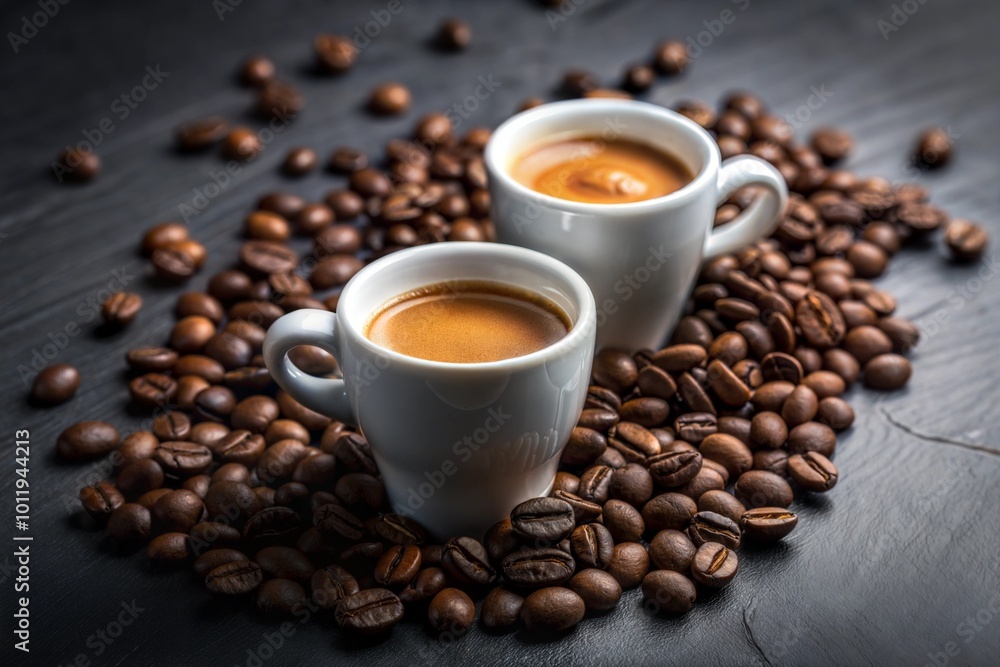 Espresso cups surrounded by coffee beans on dark surface Espresso cups surrounded by coffee beans on dark surface