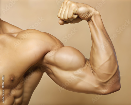 The strong arm displays impressive muscle definition with a powerful flex. The well-defined bicep and tricep emphasize physical fitness and bodybuilding prowess. AI
