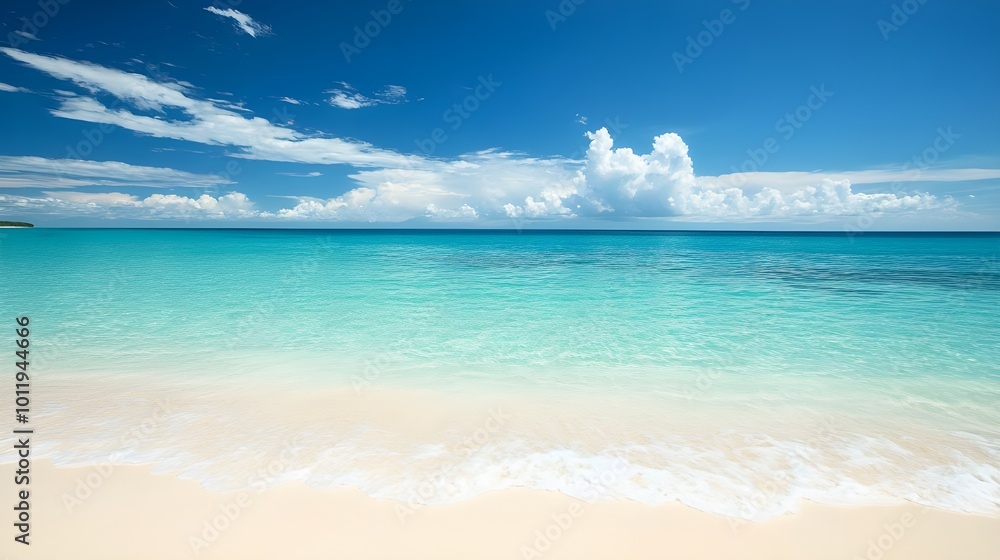 Obraz premium Quiet beach with soft white sand and gentle turquoise waves under a bright blue sky, perfect for a tranquil and relaxing beach day.