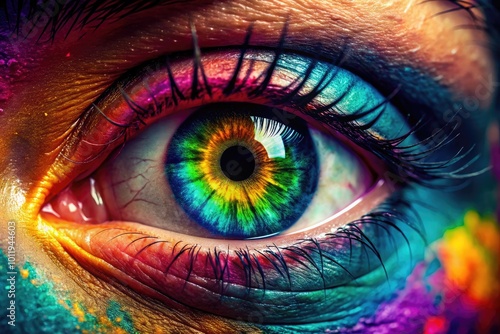 Close-up of a striking human eye showcasing intricate details and vibrant colors of the iris