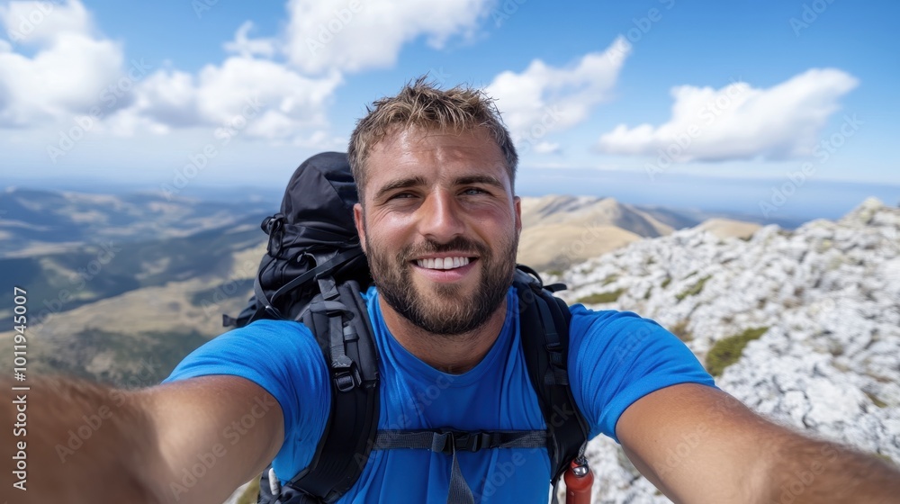 A hiker in blue captures a jubilant selfie from a mountain summit under bright blue skies, symbolizing achievement, freedom, and the exhilaration of the climb. A hiker in blue captures a jubilant selfie from a mountain summit under bright blue skies, symbolizing achievement, freedom, and the exhilaration of the climb.